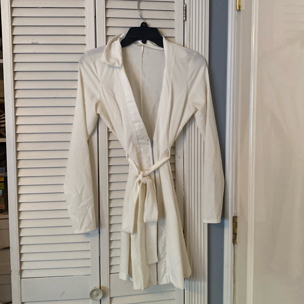 White Mini Long Sleeve Zip Up Plunge Dress